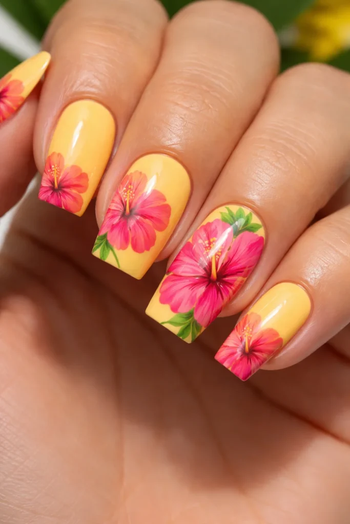 Hand painted hot pink hibiscus flower nail art on warm yellow base