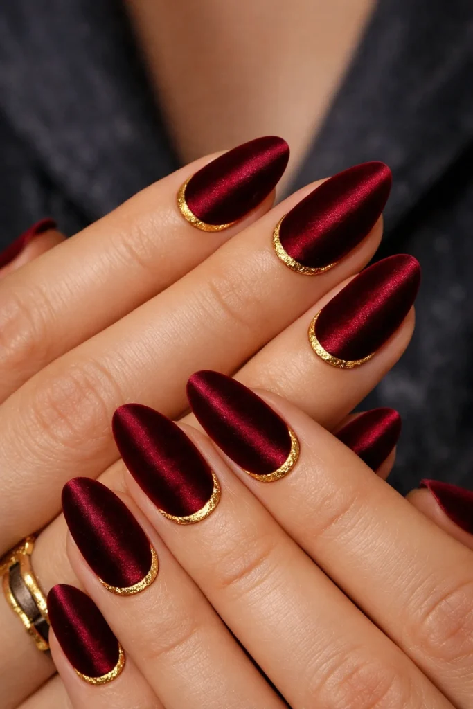 Matte velvet burgundy nails with gold foil accent for birthday