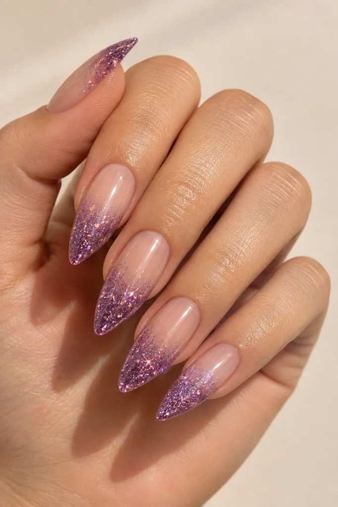Violet glitter fade nails with glossy clear base 
