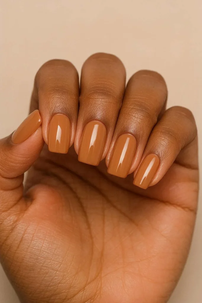 Warm caramel nude acrylic nails with glossy finish