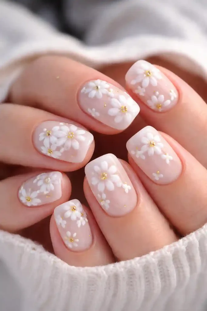 White floral nails with delicate painted daisy flowers on a sheer white base