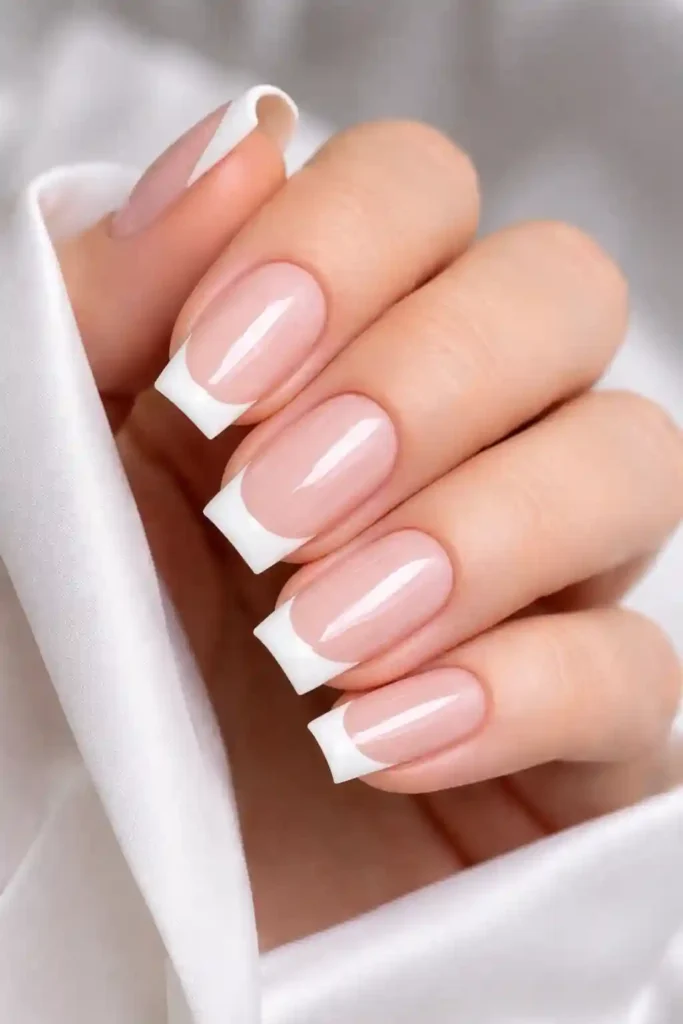 White French tip nails with crisp white tips on a sheer nude base