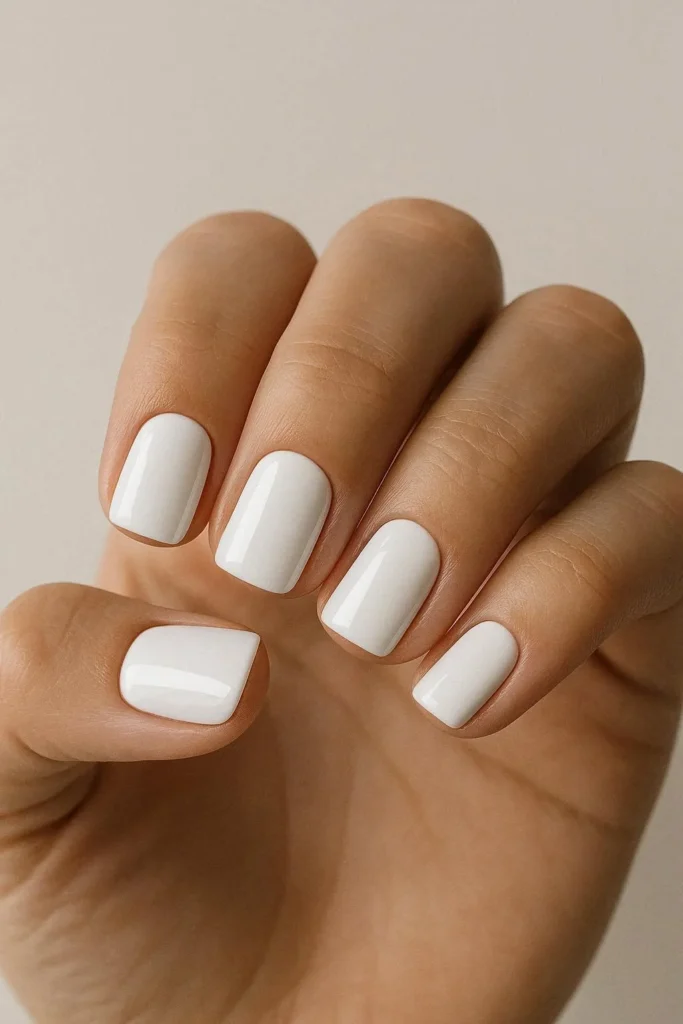 Crisp white minimalist nails on short square shape