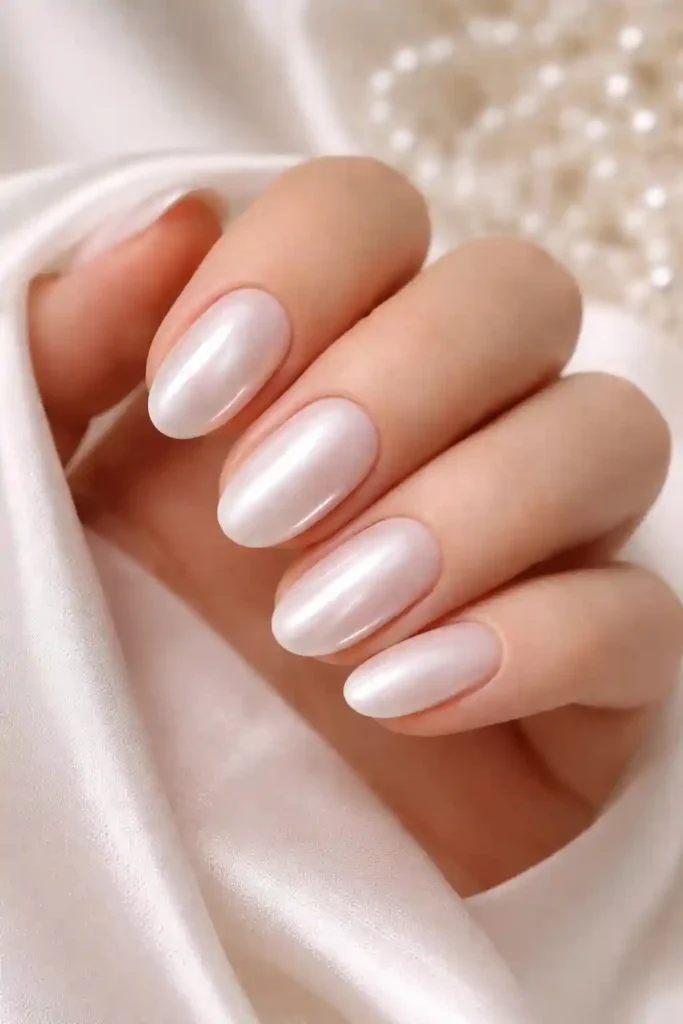 White pearl nails with a soft iridescent luminous finish on oval almond nails