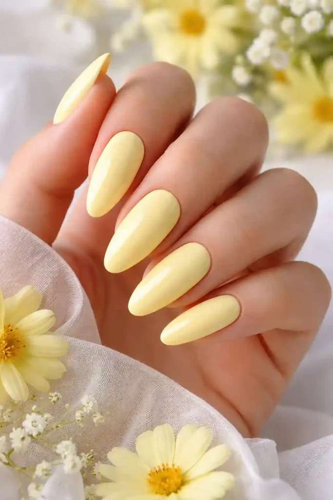 Yellow almond nails elegant and feminine
