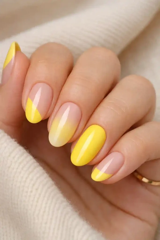Yellow and nude color block combo nails
