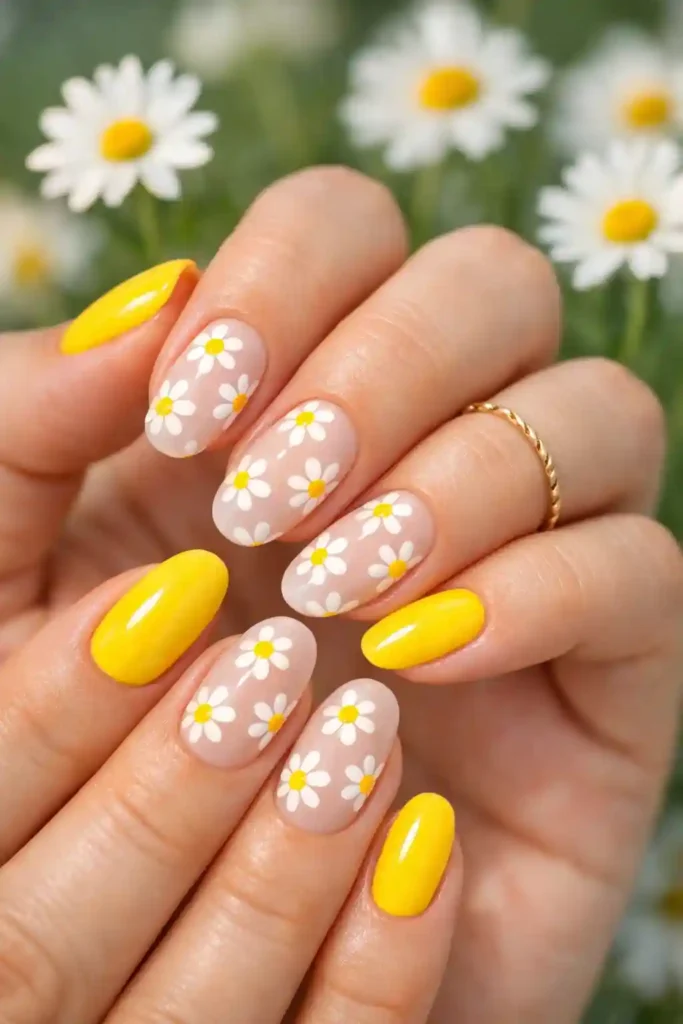 Yellow and white daisy nail art design
