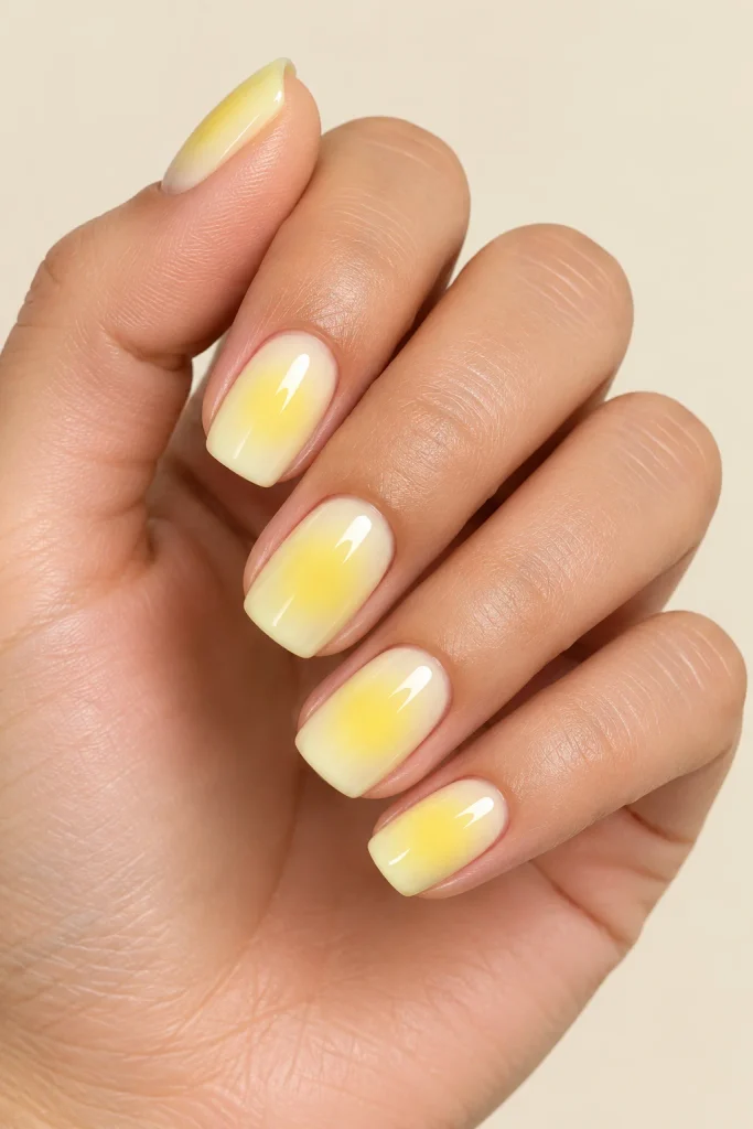 Yellow aura nails with soft airbrushed lemon glow