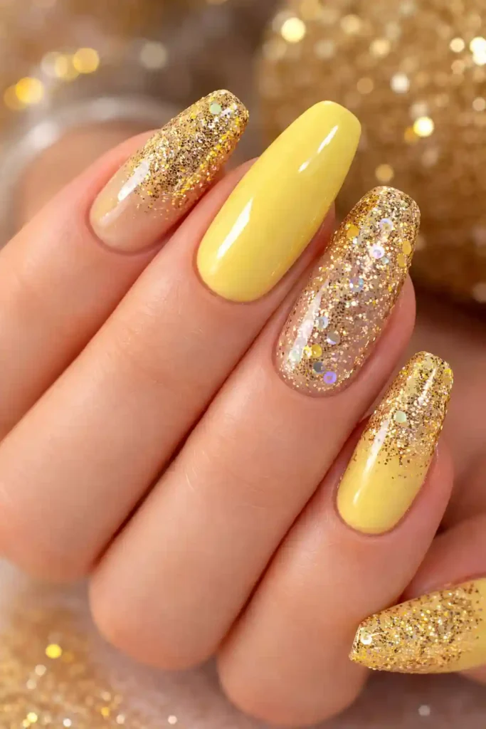 Yellow glitter nails festive and bright
