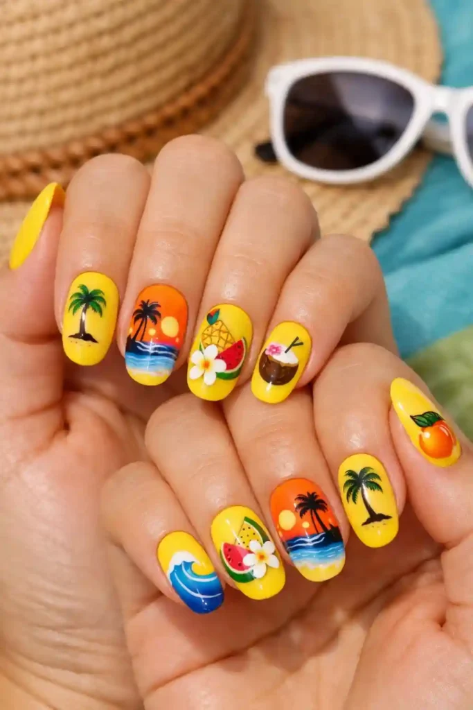 Yellow summer vacation nail art tropical
