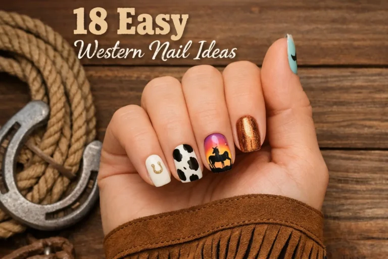 18 easy western nail ideas featuring cowboy, cow print, sunset, and rustic western-inspired nail art designs