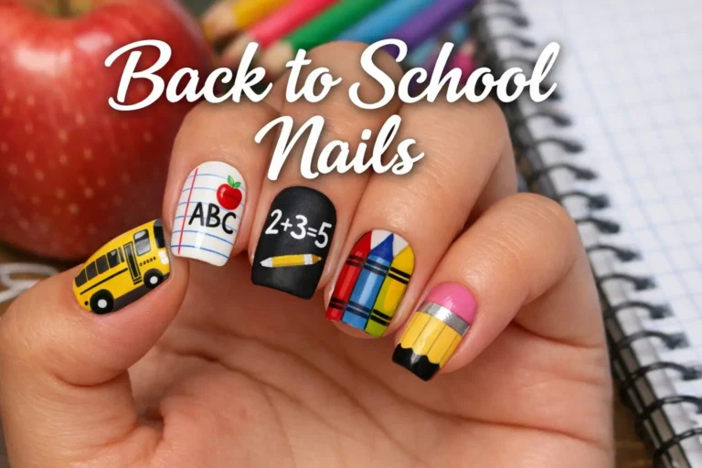 22 Back to School nails featuring creative student-inspired nail designs with pencils, apples, and colorful patterns