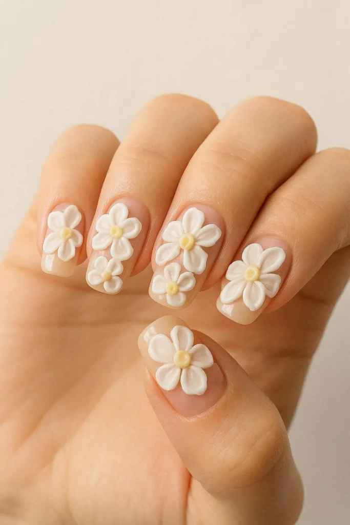  3D flower nails with raised sculptural floral designs on nude base
