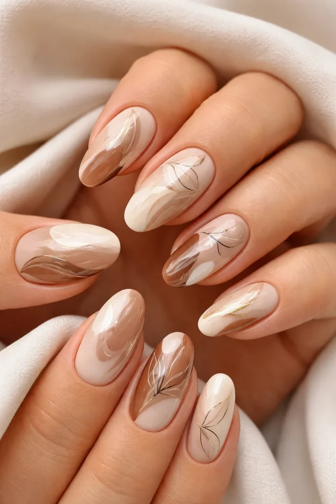 Abstract neutral nail art in beige and brown tones 