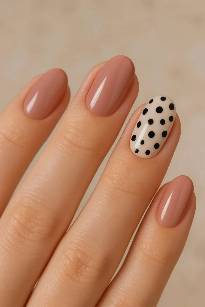 Accent nail polka dot design paired with solid color nails