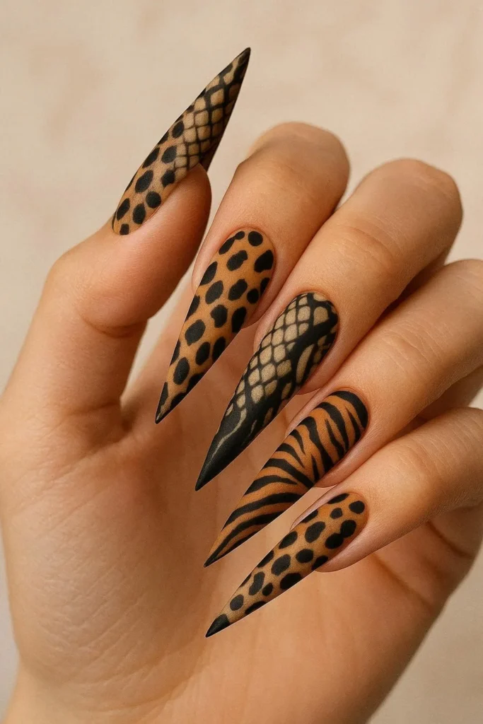 Animal print stiletto nails with bold leopard and snake patterns 