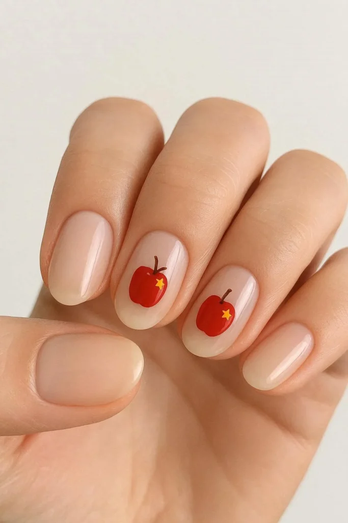 Nude nails with tiny red and green apple illustration accent art