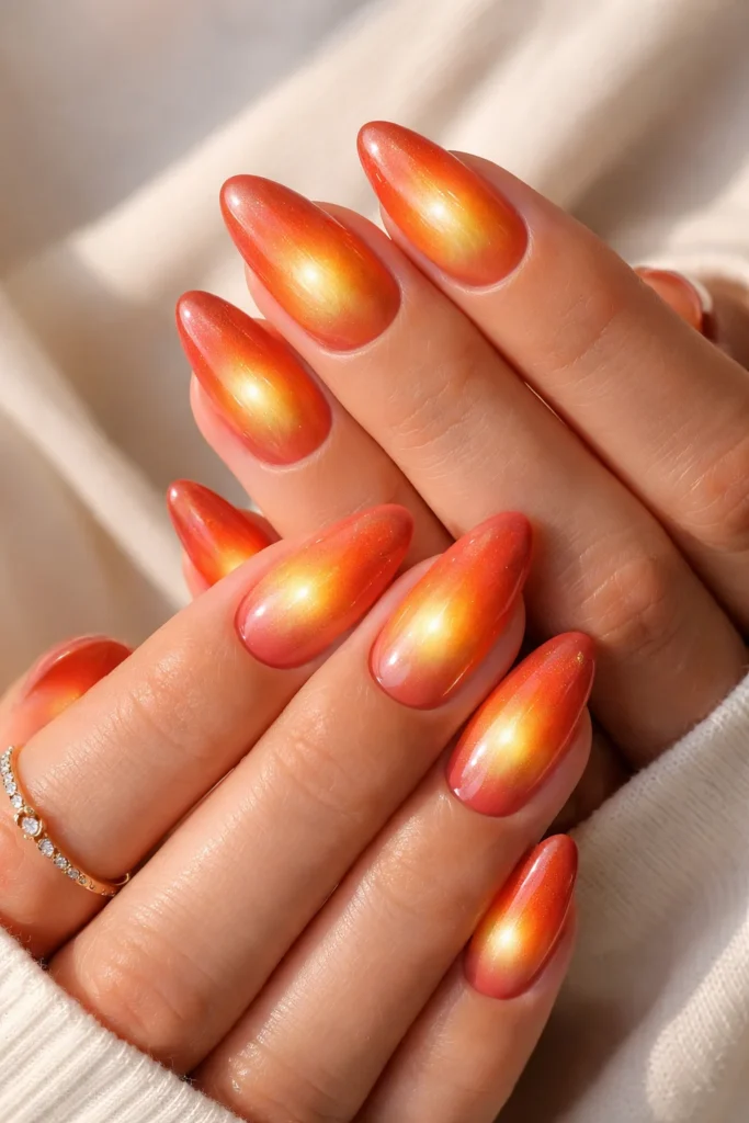 Aura glow Leo nails blending orange gold and amber shades