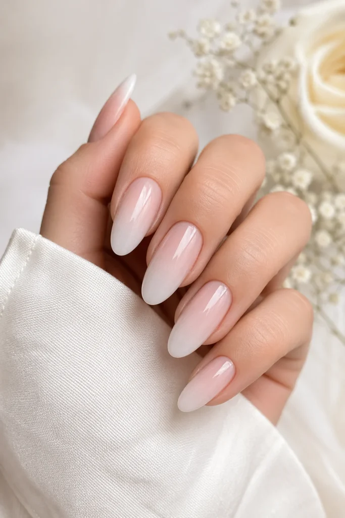Baby boomer French ombre bridal nails pink and white blend