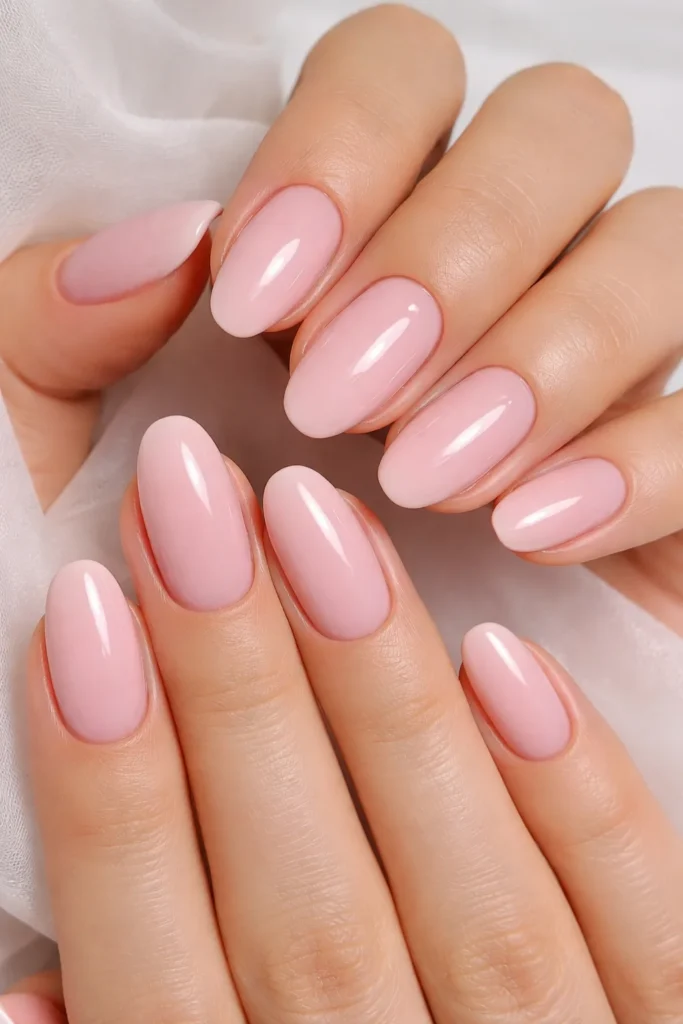 Baby pink glossy prom nails with soft feminine finish 