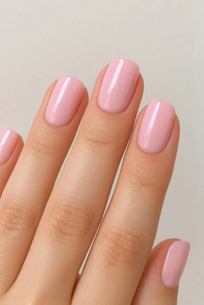 Simple cute nails with glossy baby pink polish and glass like shine
