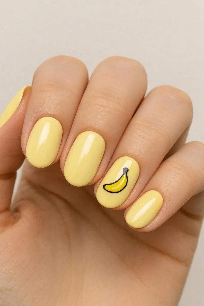 Soft creamy yellow nails with a playful banana illustration detail