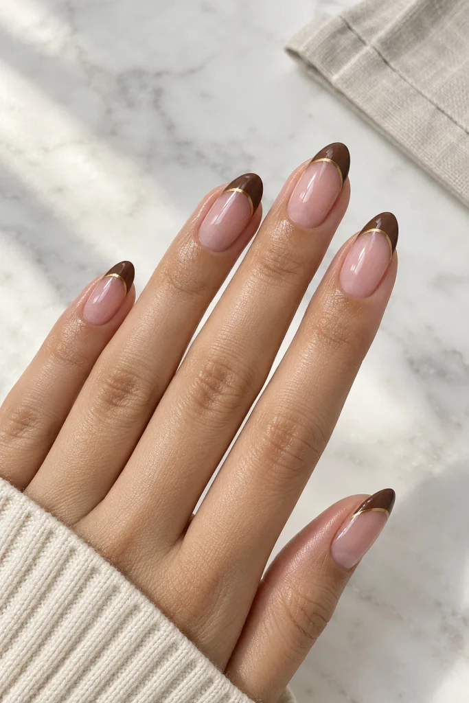 Sheer pink nails with cocoa brown French manicure tips