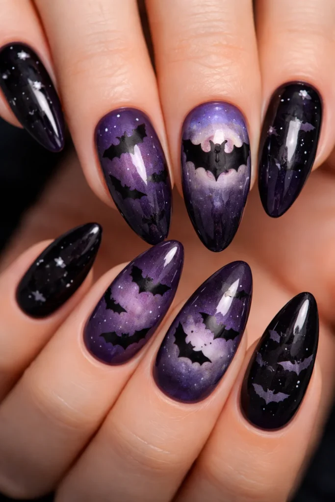 Tiny bat silhouette nail art on purple Halloween nails