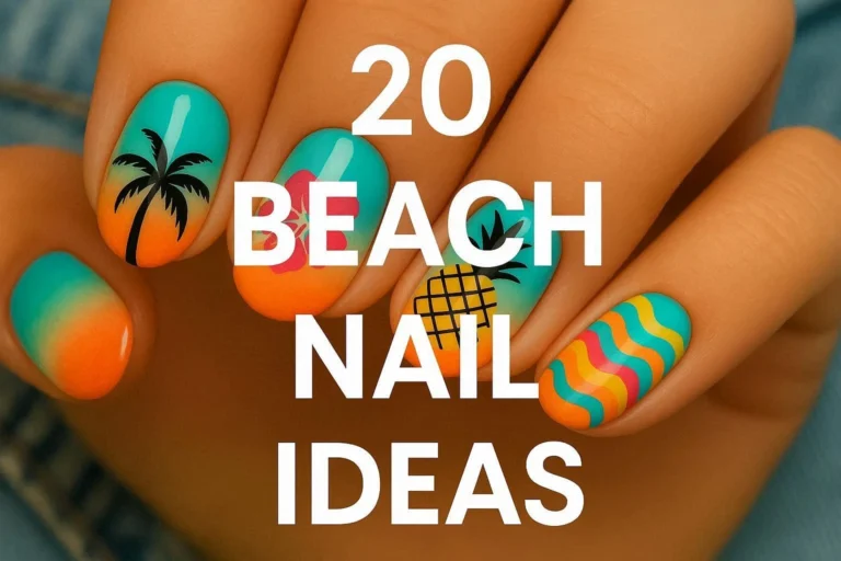 Vibrant tropical beach nail art with palm trees and waves.