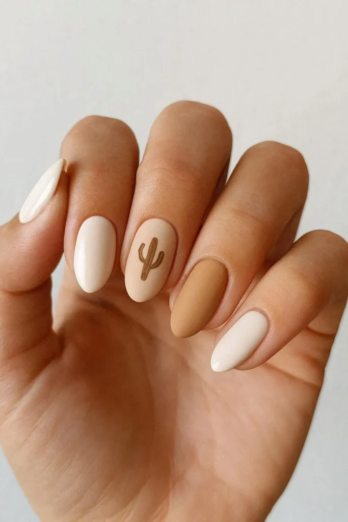  Beige and white western nails with soft minimal design 