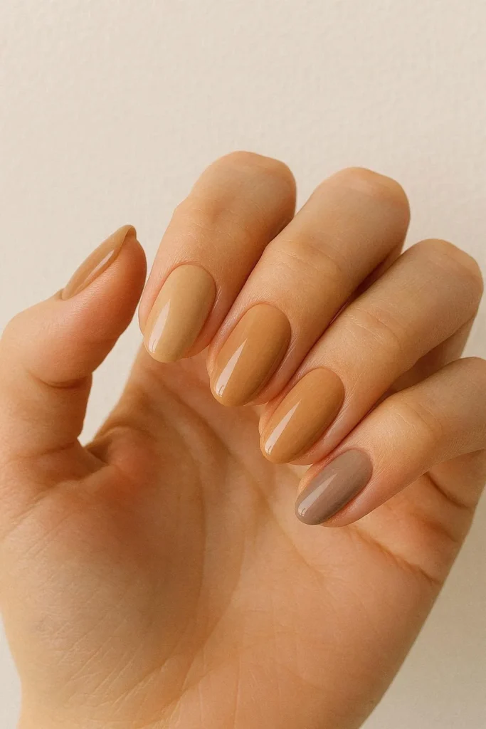  Beige and brown neutral school nails in warm latte and camel tones