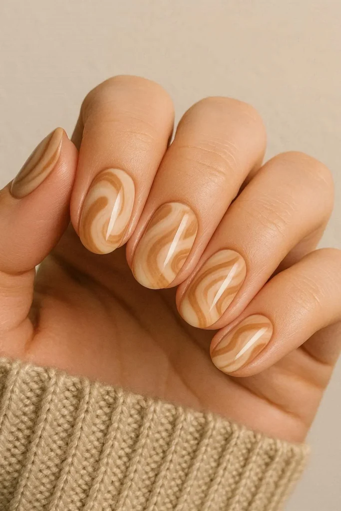 Beige and brown swirl nails in a soft neutral aesthetic