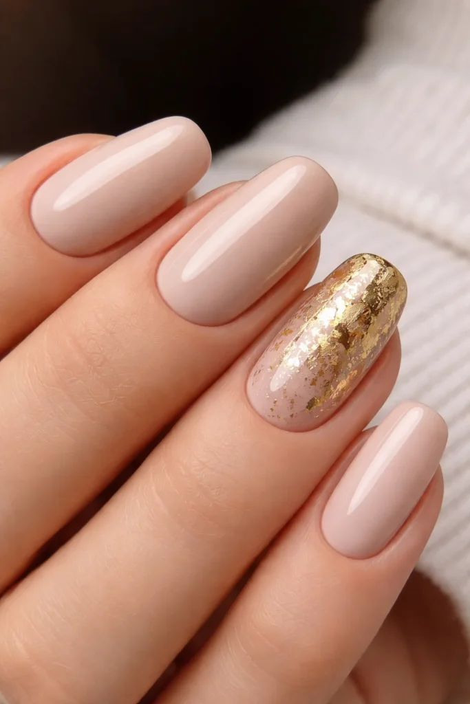 Beige and gold foil accent nails for September 