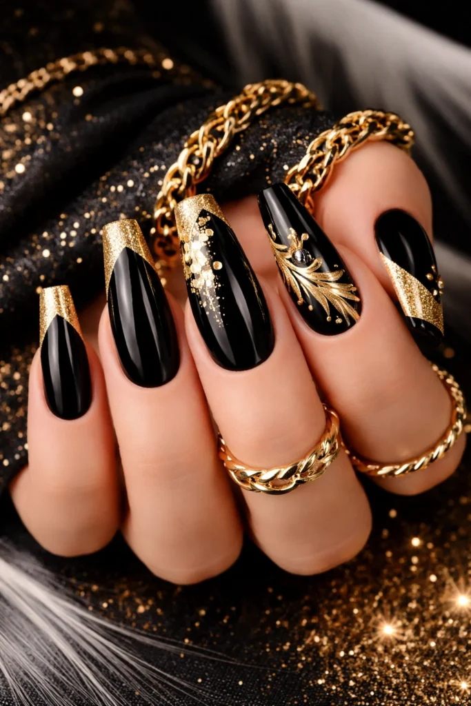 Black and gold glam Leo nails with foil accents and chrome tips