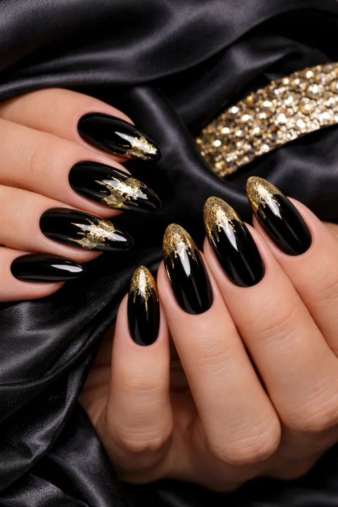 Black and gold glam prom nails with gold foil accent details 