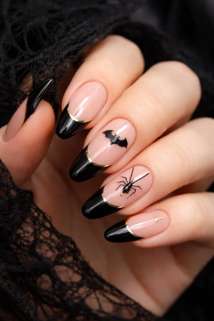  Black French tip Halloween nails on nude base glossy