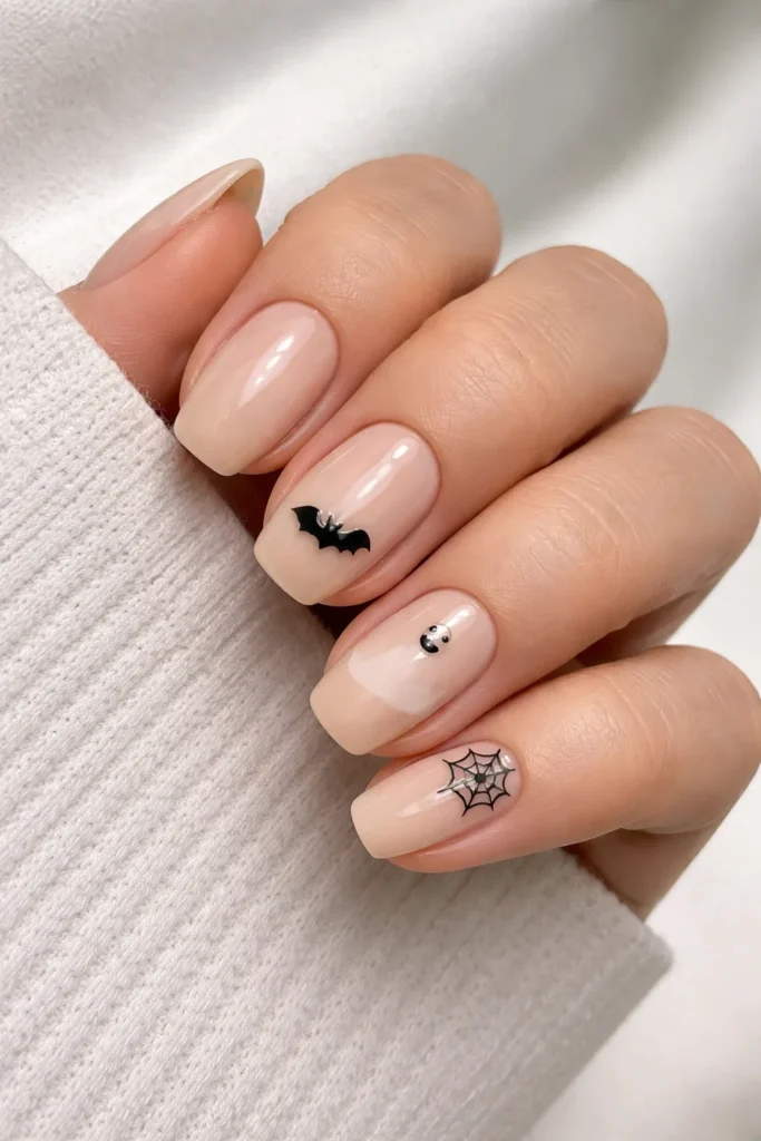 Minimalist black and nude Halloween nails with tiny details 
