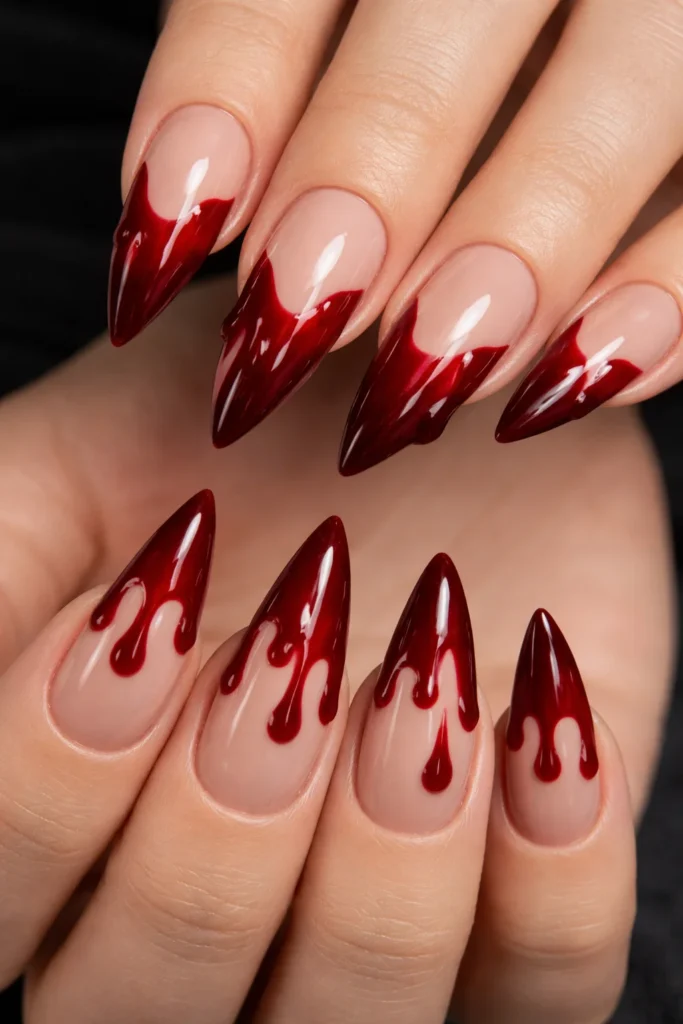  Red blood drip nail art over black base Halloween
