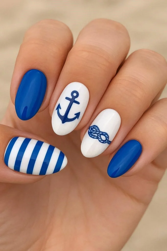 Blue and white coastal beach nail ideas nautical summer design