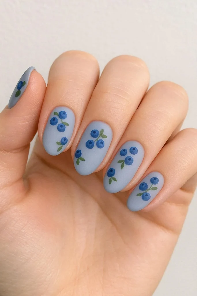 Soft lavender blue nails with tiny hand-painted blueberry clusters