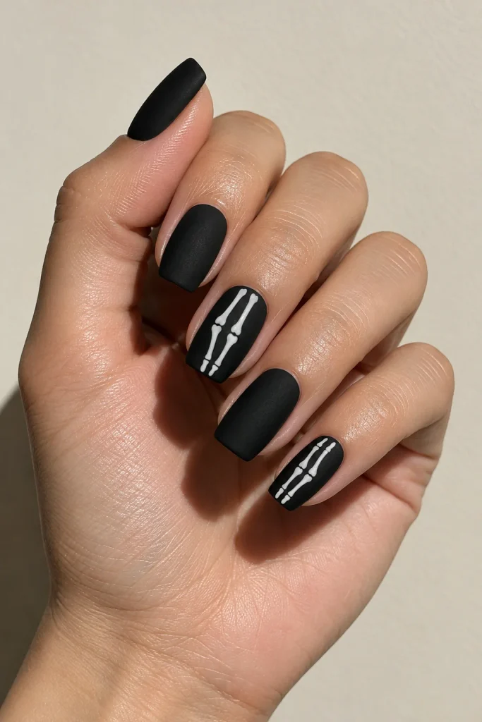 White skeleton bone accents on matte black Halloween nails