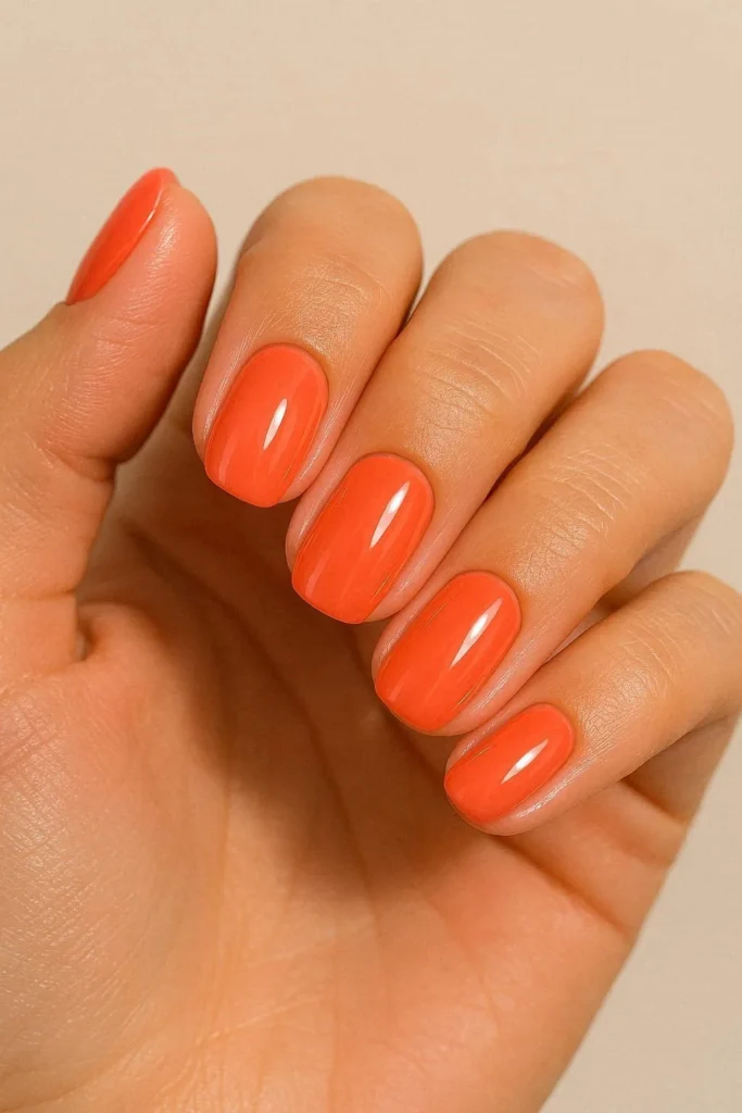 Bright coral glossy nails perfect for sunny August days