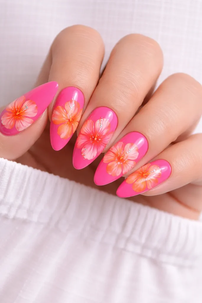 Bright tropical hibiscus nails bold coral pink yellow summer design