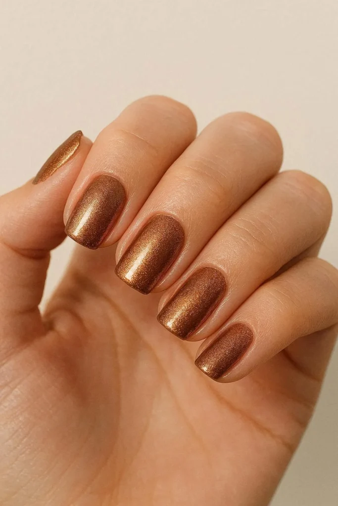 Soft bronze shimmer metallic nails for a transitional season look