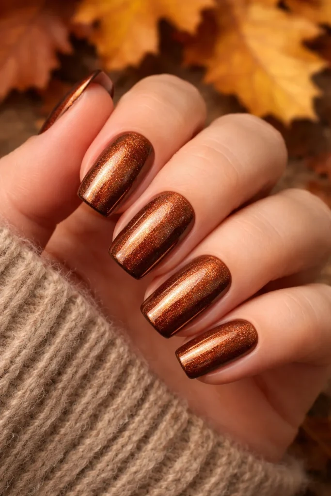 Bronze shimmer metallic nails for warm autumn aesthetics