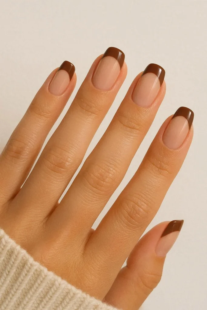 Brown French tip nails on a nude base for a western aesthetic