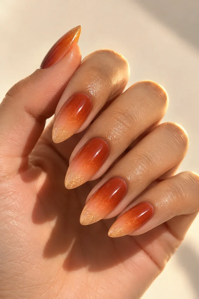 Almond nails with burnt orange peach gradient and gold shimmer