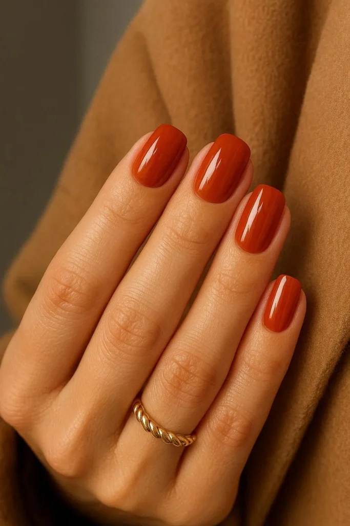 Burnt orange glossy nails inspired by autumn leaves