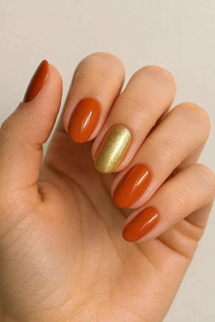 Burnt orange and gold metallic combo nails for fall glam