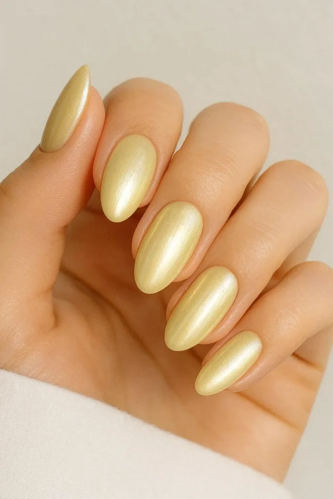 Butter yellow chrome nails with soft metallic glow